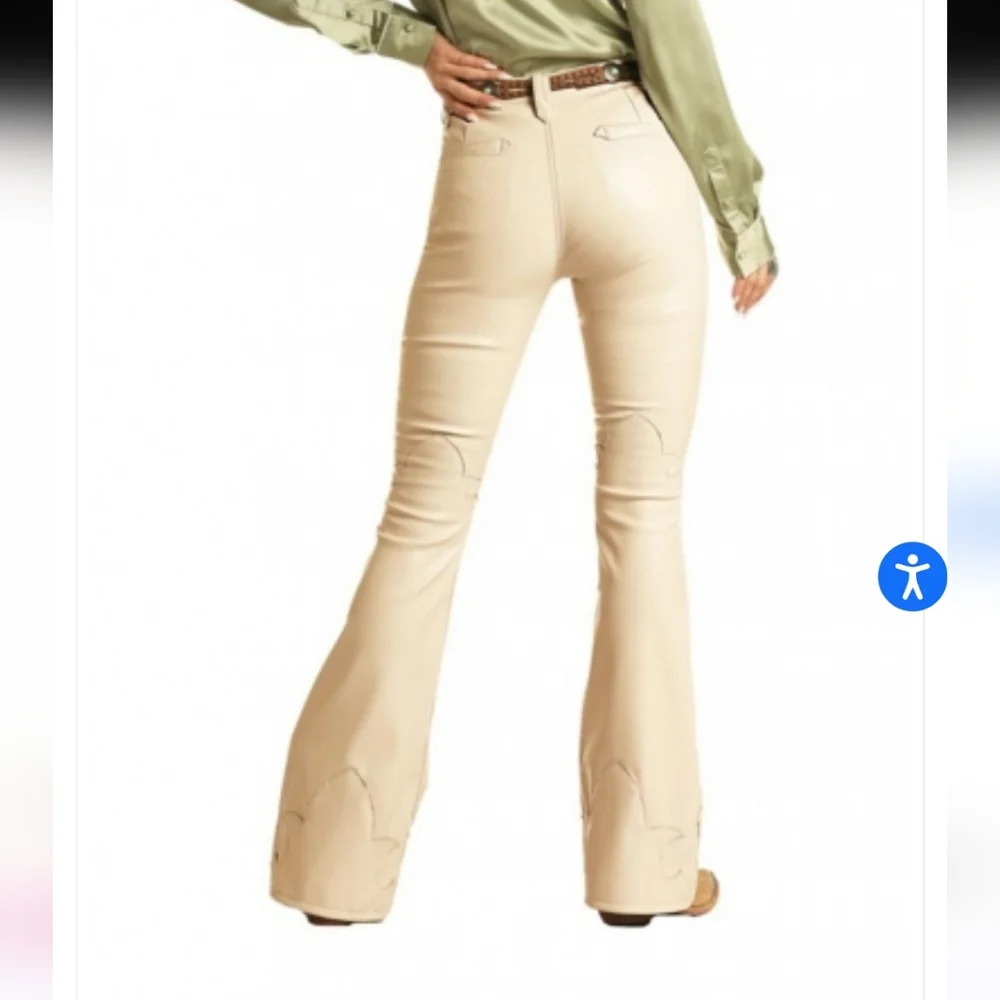 Rock & Roll Denim HIGH RISE EXTRA STRETCH FLARE FAUX LEATHER PANTS in Ivory - Picture 2 of 14